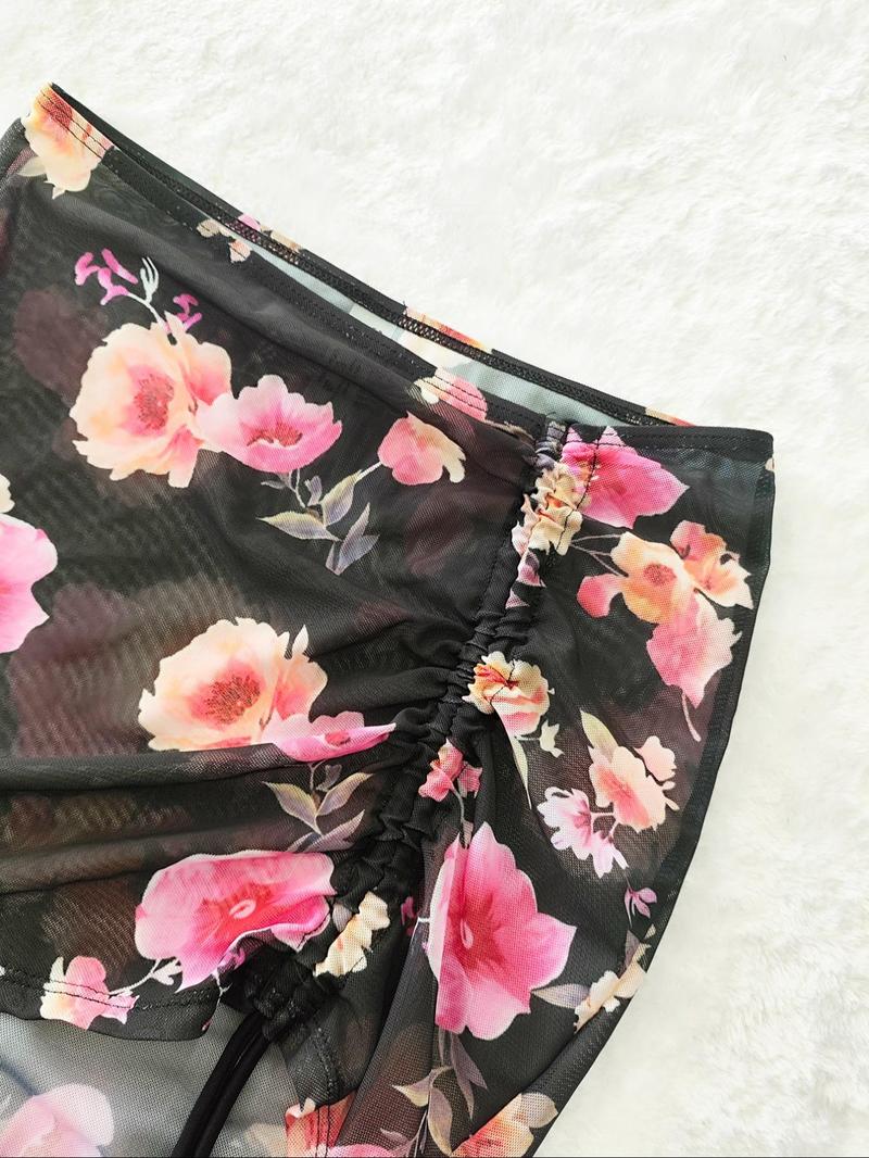 Product Introduction of Women's Halter Neck High Cut Bikini Set, Triangle Swim Bra & Swim Panty & Floral Print Drawstring Cover Up Skirt & Tie Front Cover Up Top, Ladies Summer Swimsuit 7