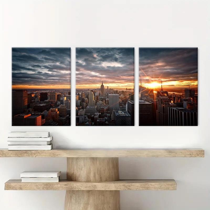Wooden Framed Canvas Painting, 3 Counts/set City Sunset Pattern Wall Art, Modern Art Wall Decor, Home Decoration Poster for Living Room, Bedroom 6