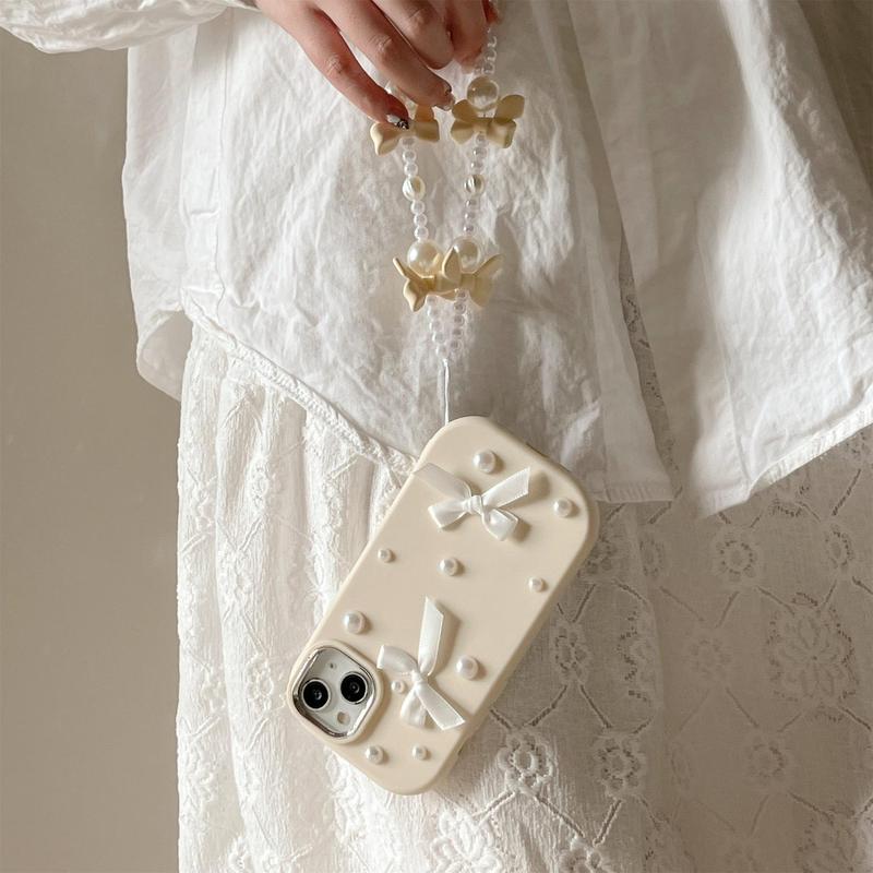 Product Introduction of Bowknot Decor Phone Case with Faux Pearl Beaded Lanyard, Cute Fashion Phone Protective Case, Full Coverage Shockproof Phone Cover Compatible with iPhone 15 14 13 ProMax 11