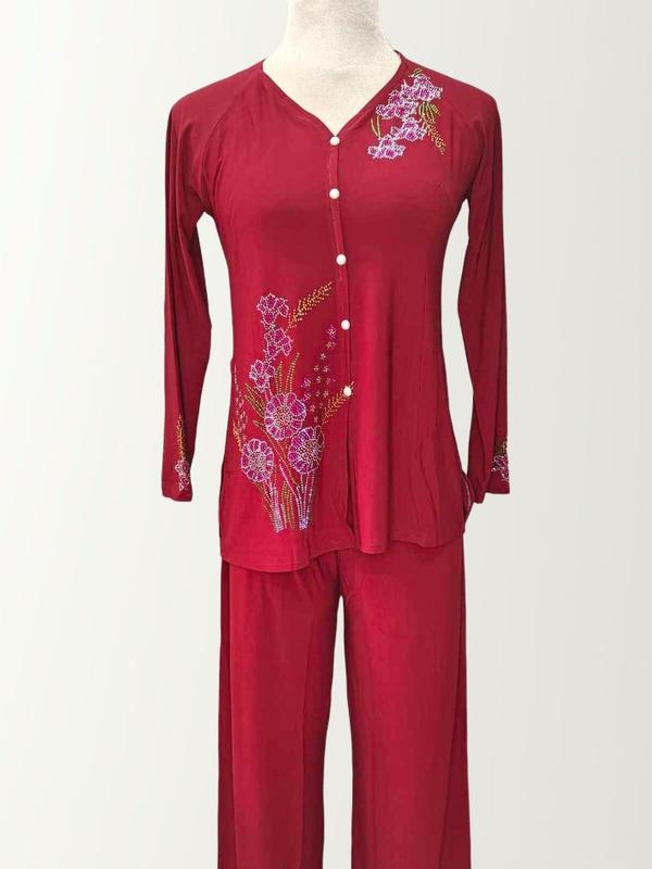 BỘ BÀ BA MÀU ĐÍNH ĐÁ, TAY DÀI - QUẦN ỐNG RỘNG 28cm, ( 5 SIZE  : TỪ 48KG ĐẾN 65KG ) Nữ Ong Áo Women Voi Top Thun Nhung 2