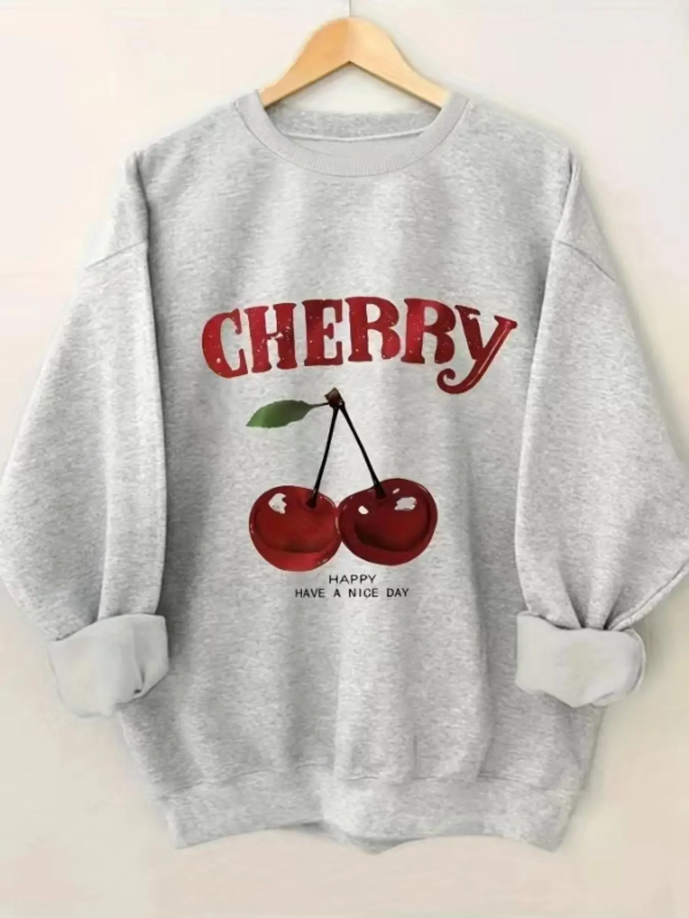 Women's Cherry & Letter Print Drop Shoulder Sweatshirt, Casual Long Sleeve Round Neck Pullover for Daily Wear, Ladies Clothes for All Seasons