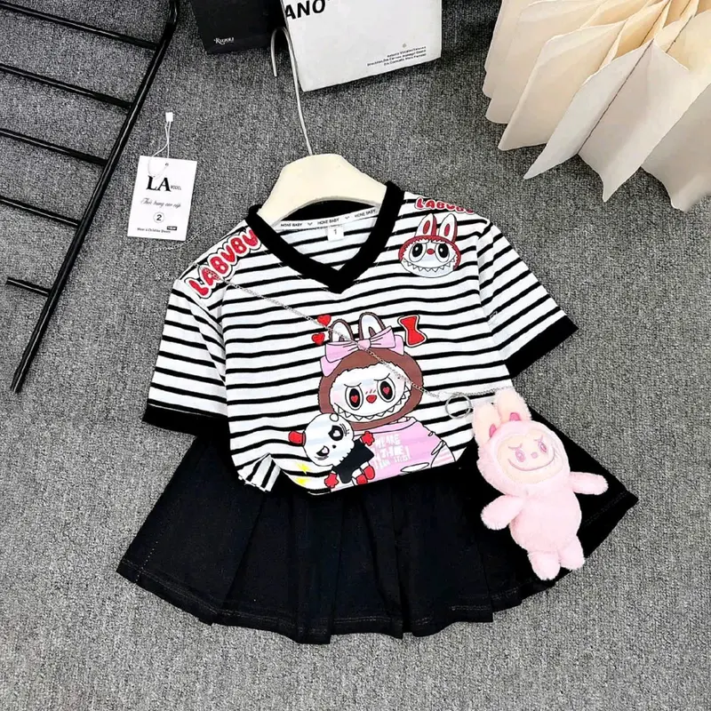 Sét bộ chân váy xếp ly cổ tim Labubu cho bé gái size 7-41 kg Mẫu L1 - Chất liệu Cotton mềm mại (có lót trong) 1