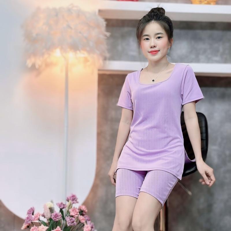  Sét Bộ Quần Áo Tăm Lạnh Ngố Cổ Vuông Xẻ Tà Xinh Xắn  Mềm Mại Co Giãn Mát Mẻ Mặc Mùa Hè Nhung Voi Đen 