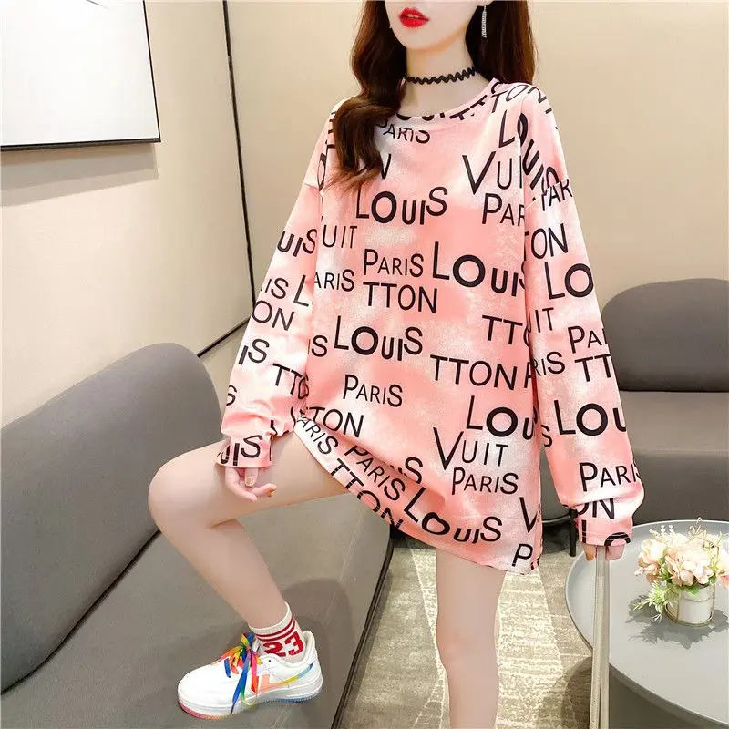 Áo Thun Nữ Dài Trung Bình Phong Cách Hàn Quốc, Dáng Rộng Rãi Và Phong Cách Lười Biếng, Áo Thun Dài Tay, Cho Nữ, Ngoại Cỡ, Thích Hợp Cho Mùa Xuân Và Mùa Thu 2024, Cân Bằng 100,00kg, Cô Gái Đầy Đặn HK Top Women