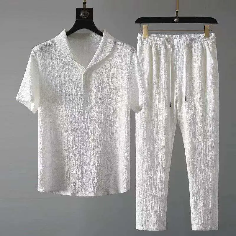 Solid Color Suit Men's 2024 New Summer Thin Casual Sports Suit Men's Fashionable Short-Sleeved Trousers Trendy Light Luxury