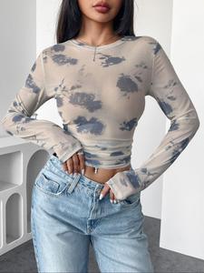 Women's Floral Print Semi-sheer Mesh Tee, Chic Long Sleeve T-shirt for Spring & Summer, Women's Clothing for Daily Wear, Top