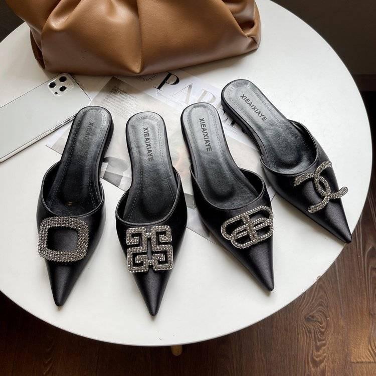 TAVIMART  -  Super Bling New Rhinestone Baotou Word Buckle Sandals Women's Stiletto Shallow Mouth Sexy Pointed High-heeled Wedding Shoes