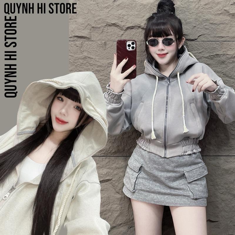 QuynhHi DESIGN | Áo Khoác Croptop (ngắn), Nón Xỏ Dây Thừng, Eo Bo Chun Ôm, Jacket Nữ Top Women