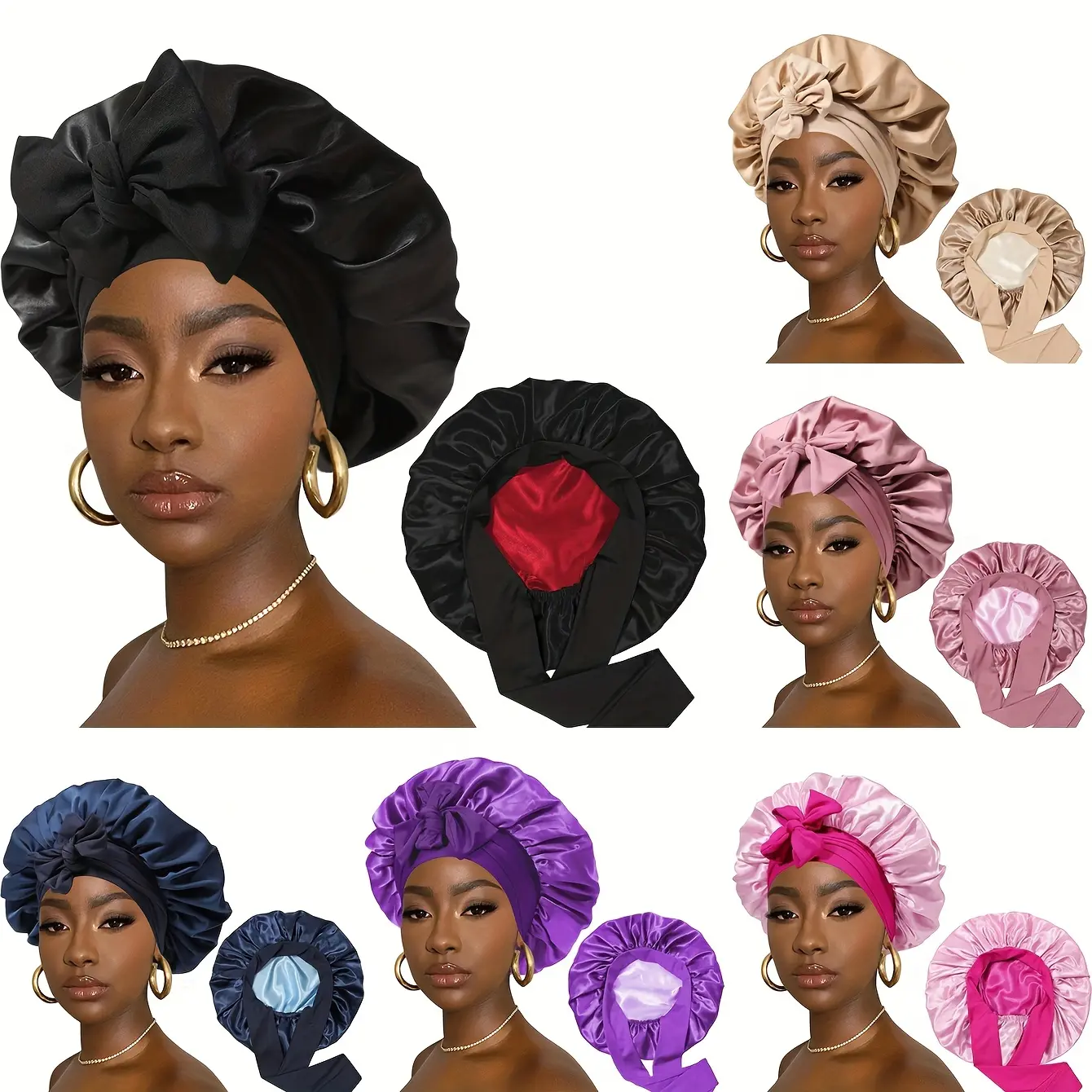 Boho Chic Adjustable Satin Bonnet for Women - Double Layer, Breathable, Wide Brim, Solid Color Turban Cap with Large Bow Ribbon, Elastic Fit for Everyday Style (Black, Red, Pink, Purple, Blue) Haircare Heatless