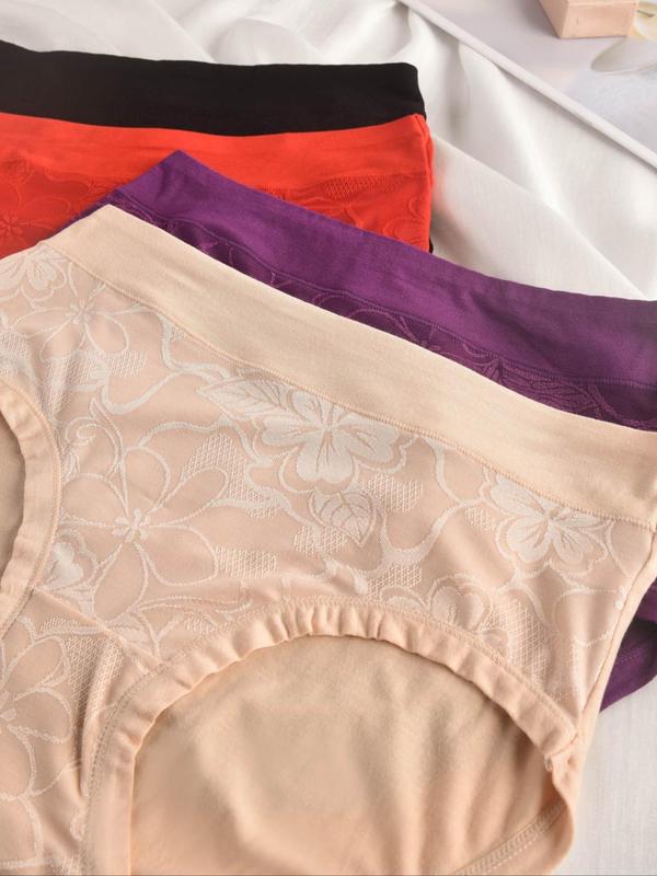 Women's Solid Color Floral Pattern Mid Waist Panty, Soft Comfortable Breathable Knicker for Daily Wear, Ladies Underwear for All Seasons 4