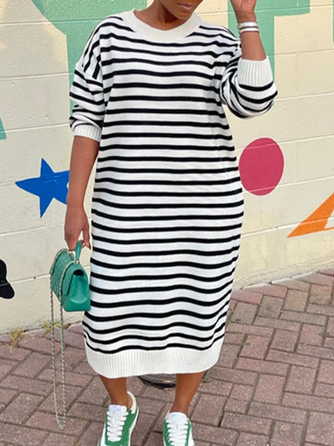 【Plus Size】 Striped Print Drop Shoulder Dress, Casual Long Sleeve Round Neck Dress for Spring & Fall, Women's Plus Size Clothing for Daily Wear