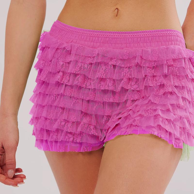 Product Introduction of Women's Lace Ruffled ShortsElastic Waist Layered Cake Skorts for Summer Spring 24