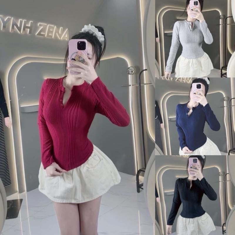 Áo basic cổ tròn tay dài có nút gài cổ tròn sang trọng_A1999