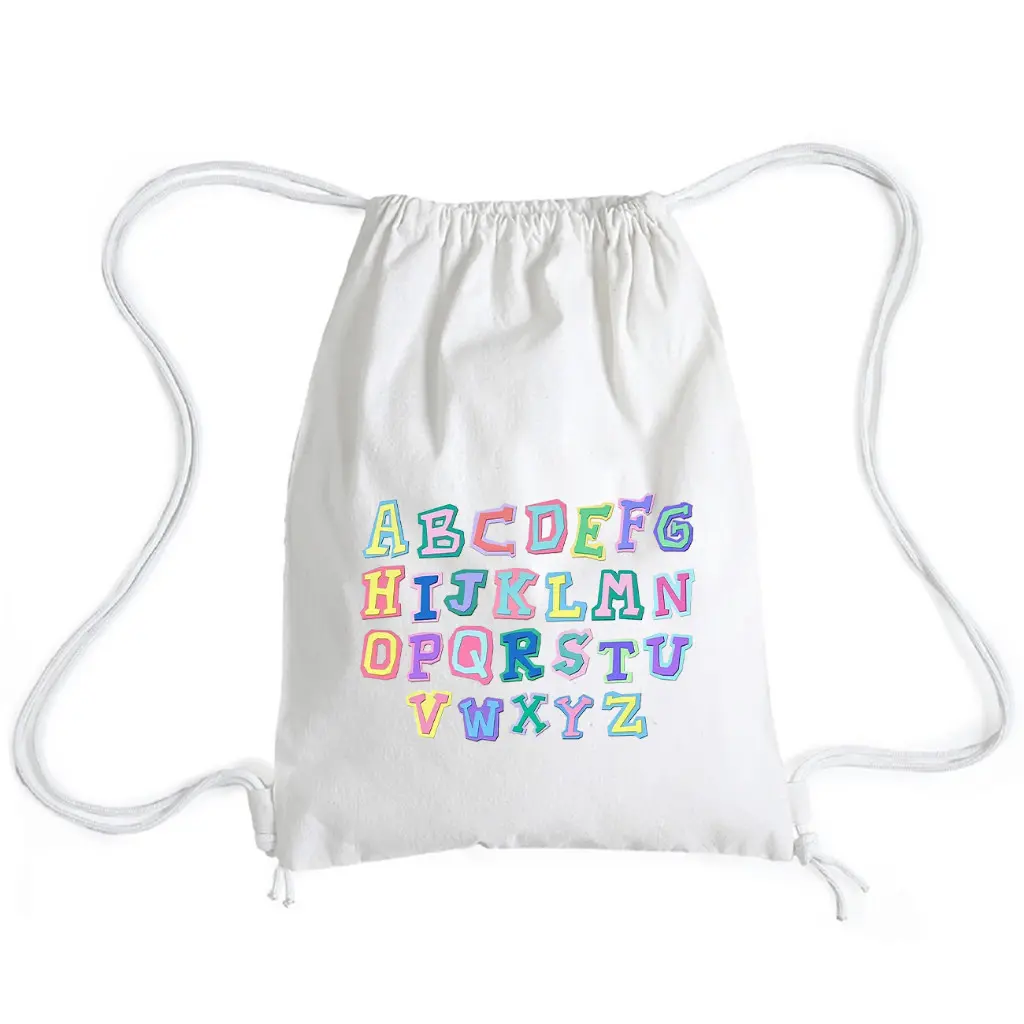 Tas Ransel Serut Abjad - Stringbag Wanita Kanvas Putih Lucu 30cmX40cm   l Digedot.Id
