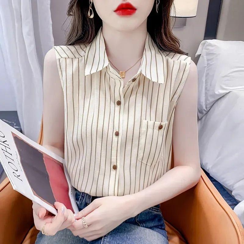 Áo Voan Kẻ Sọc, Dành Cho Nữ, Áo Không Tay, Bộ Sưu Tập Mùa Hè Mới 2024 1