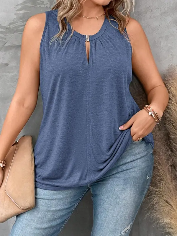 Summer Clothes Women Plus Plain Cut Out Round Neck Tank Top, Casual Solid Sleeveless Top for Summer, Women Plus Clothing for Daily Wear 3