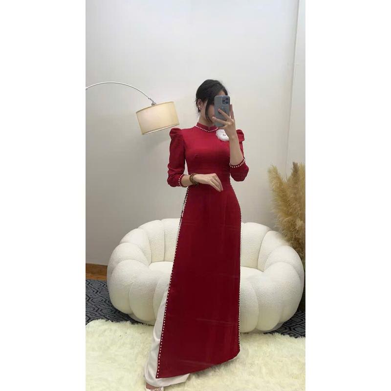 Áo dài nữ, áo dài truyền thống lụa Tây Thi màu Đỏ Đô điềm hoa đính ngọc xinh xắn 4