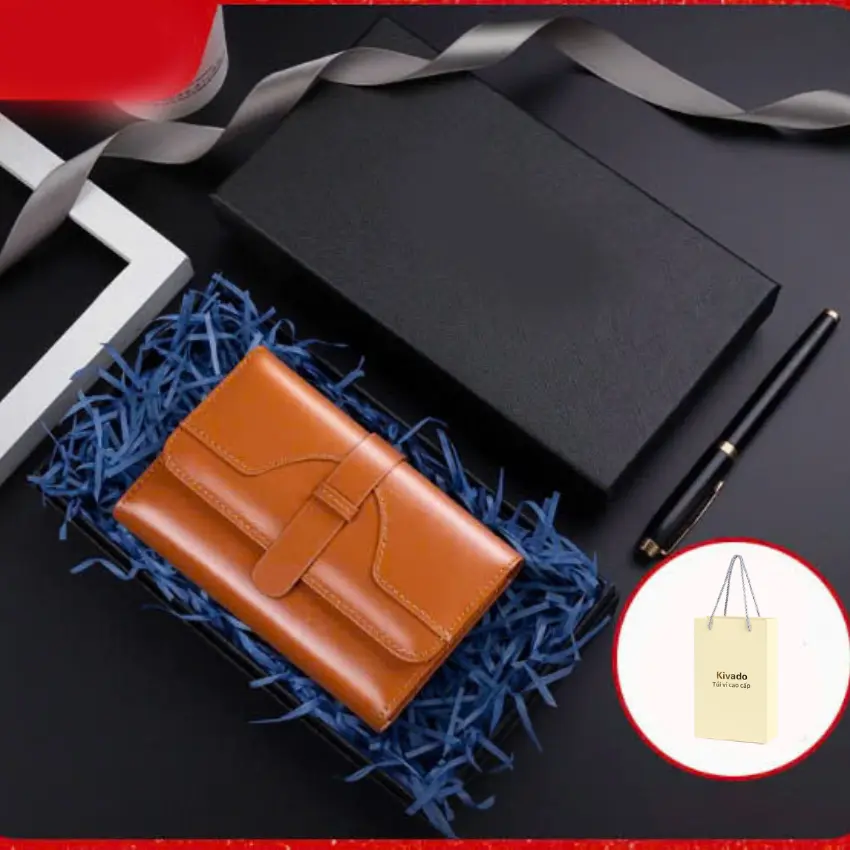 Ví Nữ Ngắn Cầm Tay Da Bò Sáp Dầu Cao Cấp Chính Hãng Full Box Chống Quẹt Thẻ