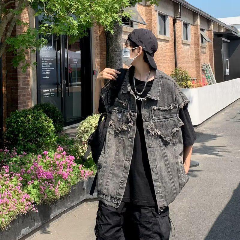 Áo Ghi Lê Denim, Màu Xám, Thương Hiệu Thời Trang Cổ Điển Phong Cách Nhật Bản, Dành Cho Nam Và Nữ, Có Miếng Dán XINGX, Áo Ghi Lê Không Tay Áo Khoác Rụng 3