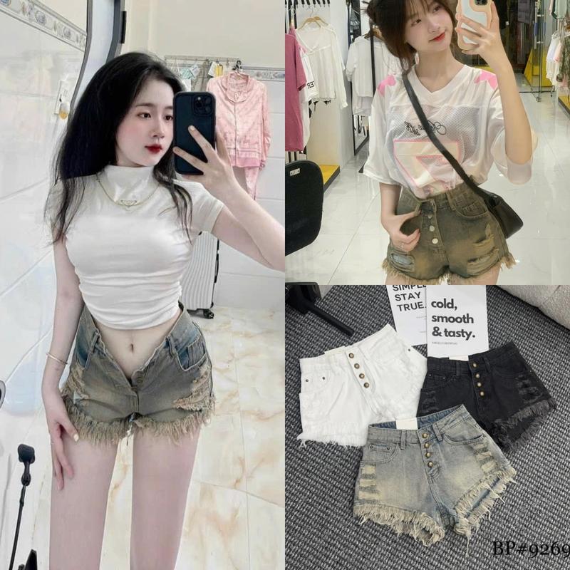 QUẦN SOOC NỮ 4 CÚC KHUY ĐỒNG RÁCH TUA RUA,QUẦN SHORT NỮ RÁCH PHỐI 2 TÚI LƯNG CAO ÔM BODY SIÊU HOT 2