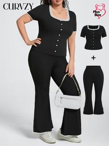 CURVZY Plus Size Two-Piece Set Contrast Lace Button Front Top & Flare Leg Pants, Casual Short Sleeve Top & Bell Bottom Trousers for Daily Wear, Women's Two-piece Outfits for Spring & Fall