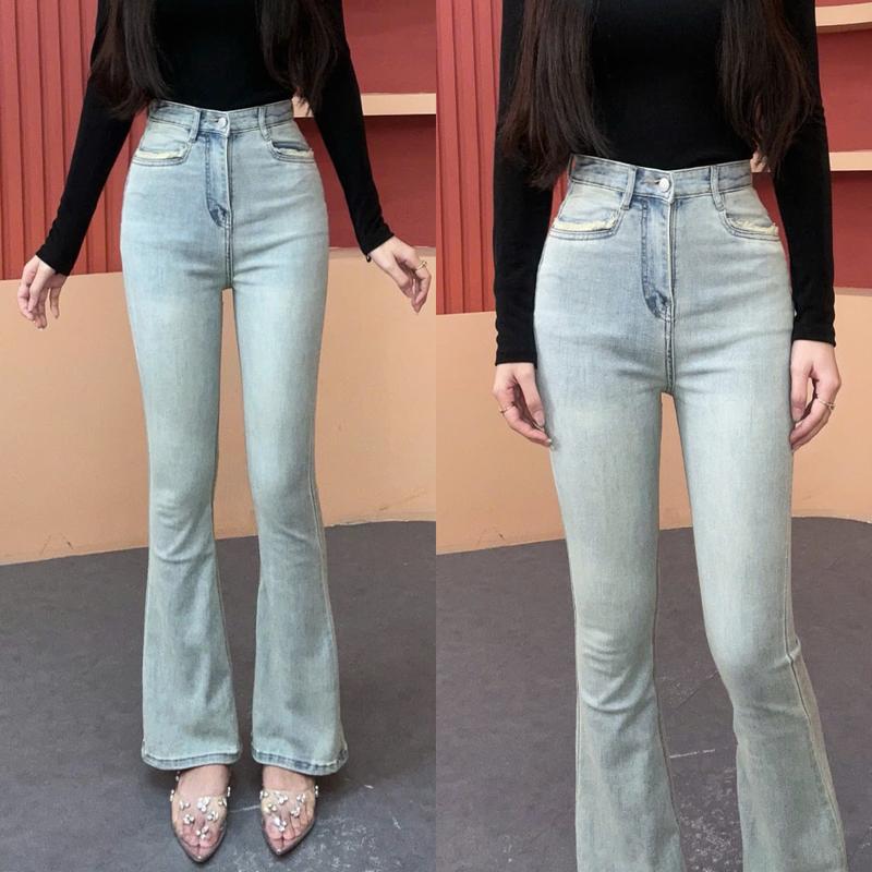 ZINLY SHOP Quần Jean Nữ Ống Loe Cạp Cao Túi Vuông Màu Sáng Có Fom Ngắn 95cm Và Dài 105cm Q370