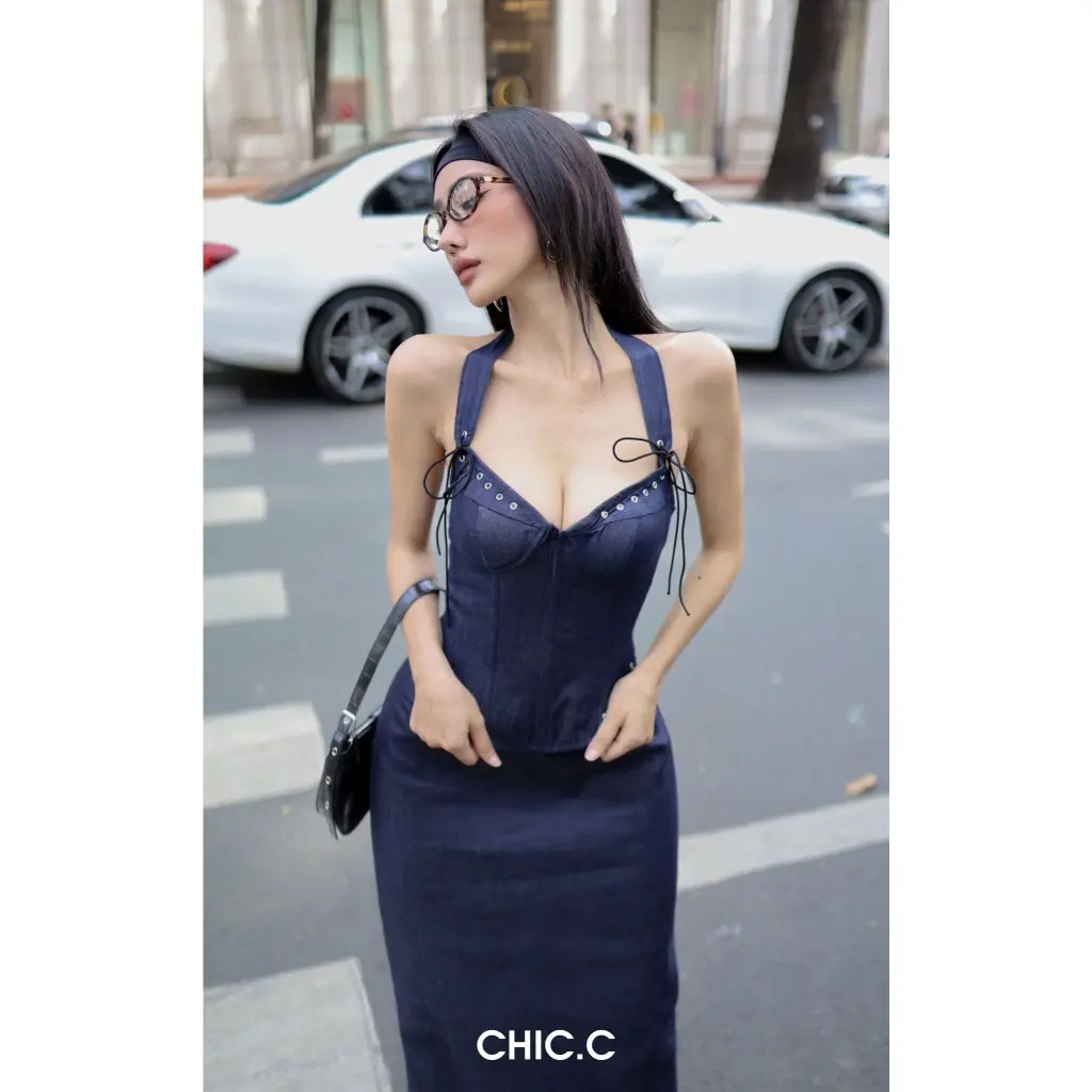 [CHIC.C] Set Áo Corset thiết kế đan mắt cáo độc lạ phối Chân váy denim xẻ tà - Madee Set