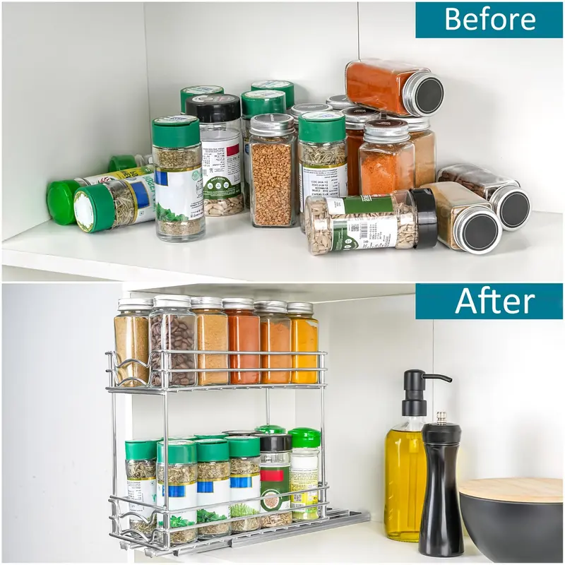 2-tier Pull-out Spice Rack, 1 Count Durable Iron Under Cabinet Storage Rack, Space-saving Kitchen Organization Rack for Home Dormitory Dining Room 5