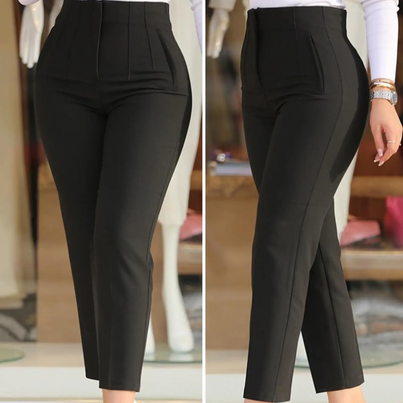 donmowh High Waist Pleated Pockets Ninth-Length Women Trousers Solid Color Straight Leg Suit Pants