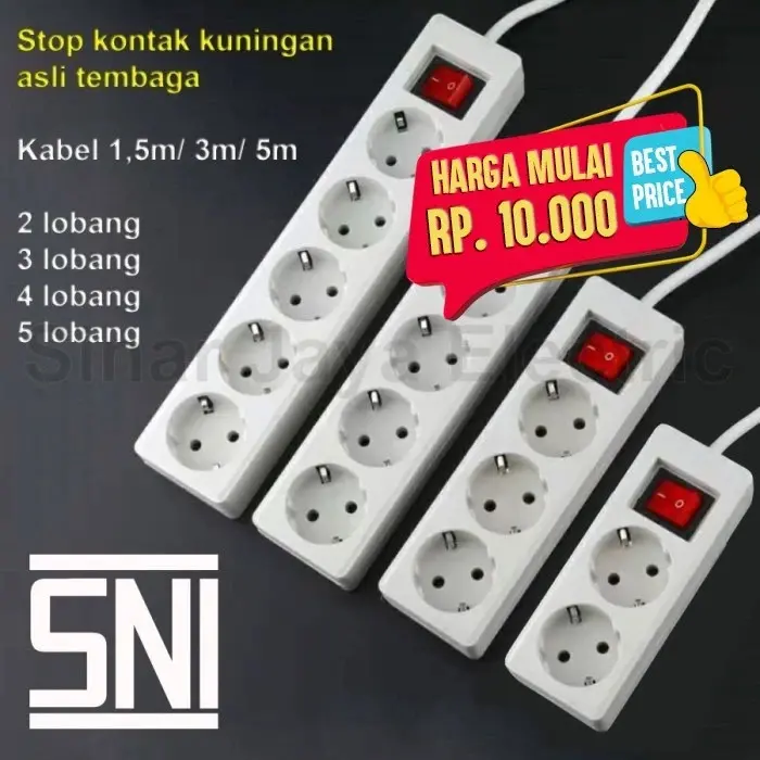 STOP KONTAK KABEL COLOKKAN LUBANG 2/3/4/5 PANJANG KABEL 1,5M/3M/5M/10METERRRR SNI