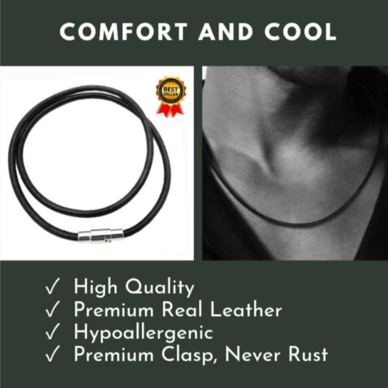 Kalung Pria Wanita Anak Tali Kulit Asli Genuine Leather Necklace Titanium Hitam Blac 3