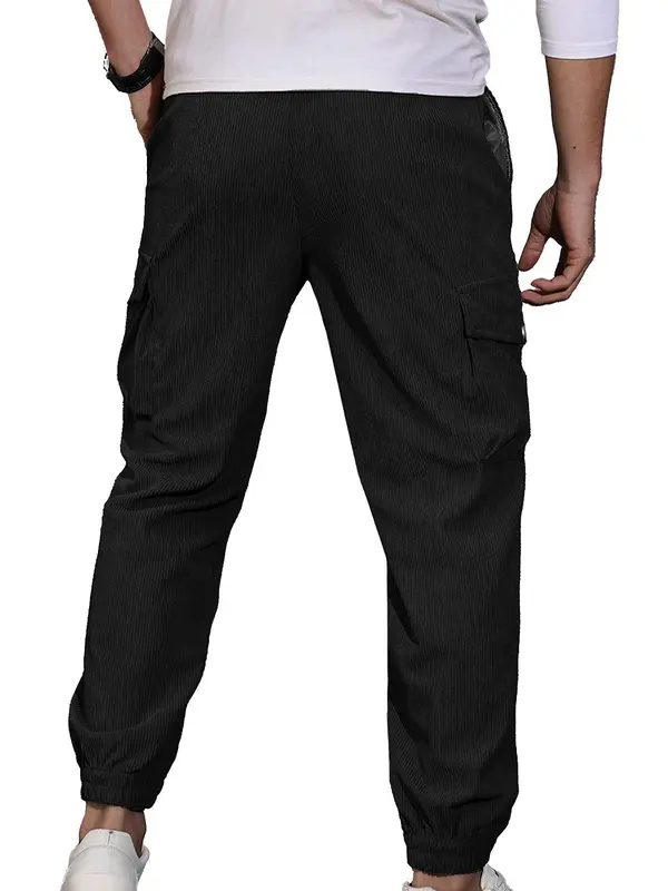 Men's Solid Pocket Drawstring Waist Corduroy Pants, Regular Fit Casual Street Fashion Trousers for Spring & Fall, Men's Bottoms for Daily Wear 1