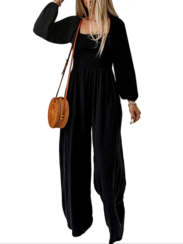 Women's Solid Shirred Bishop Sleeve Square Neck Jumpsuit, Casual Pocket Wide Leg Jumpsuit for Fall, Women's Jumpsuit for Daily Wear 3
