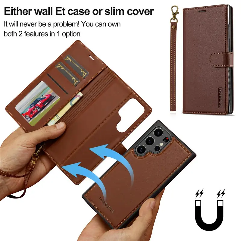 SL Magnetic 2 in 1 Detachable Wallet Case For Samsung Galaxy S25 Ultra S24 S23 S22 Plus A34 A35 A54 A55 A16 5G Casing Leather Luxury 3 Card Slots Phone Holder Stand Cover With Strap