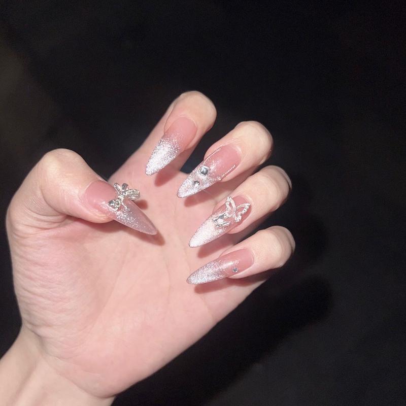 Babi Nailbox thiết kế- TN10 mắt mèo thạch hồng mix đá bi charm nơ tiểu thư