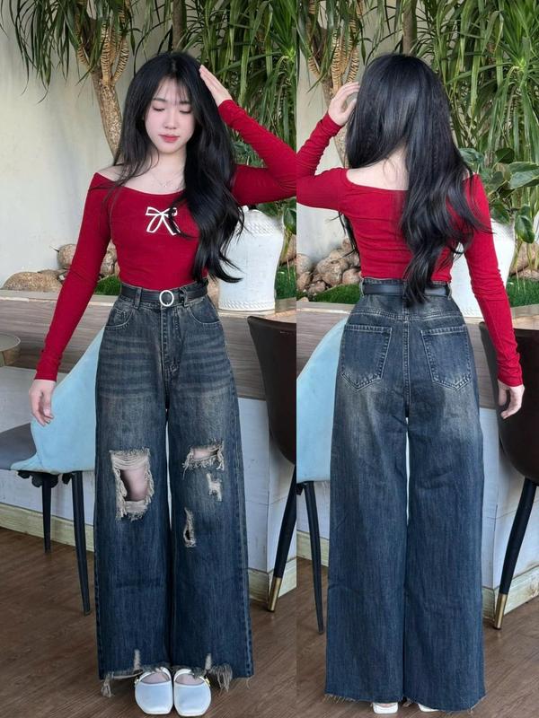 Quần bò nữ ống rộng thêu nơ nhỏ túi sau, chất vải mềm mại không co giãn ống suông Women's Jeans 5