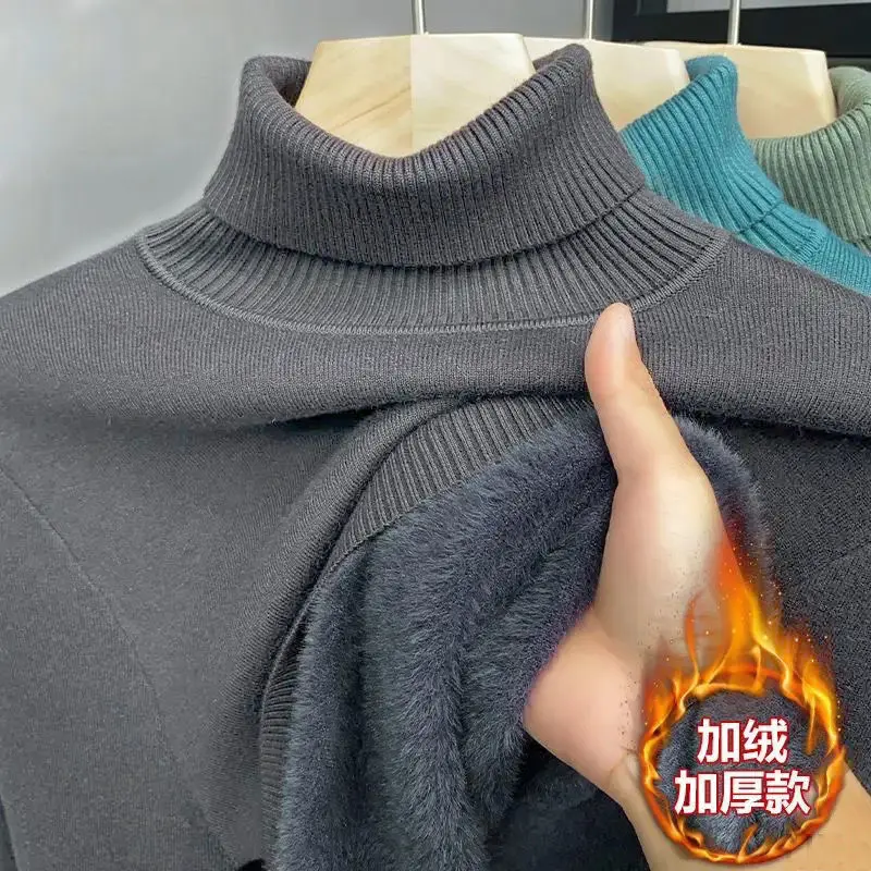 Áo Len Cổ Lọ Dày Lót Lông Cừu, Dành Cho Nam Giới, Mặc Mùa Đông, Màu Trơn Hợp Xu hướng, Phong Cách Thường Ngày Lớp Cơ Sở Mặc Bên Trong, Đồ Len Lót Lông Cừu Một Lớp, 1 / 2, 2024