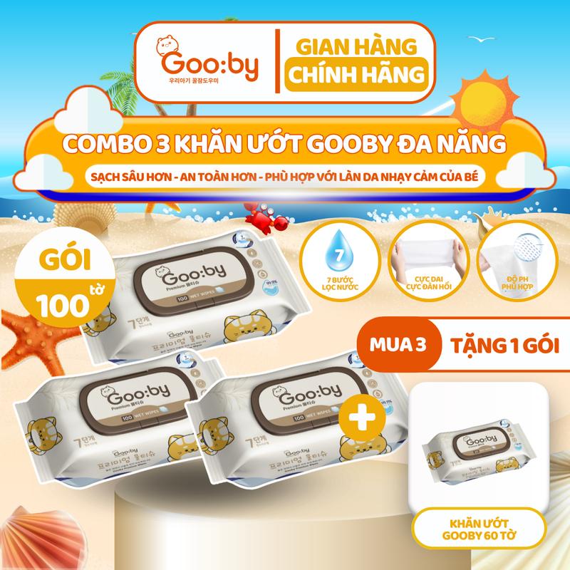 [Mua 3 tặng 1] Khăn ướt Gooby Premium 100 miếng đa năng, mềm mịn, an toàn với làn da của trẻ nhỏ em bé và gia đình