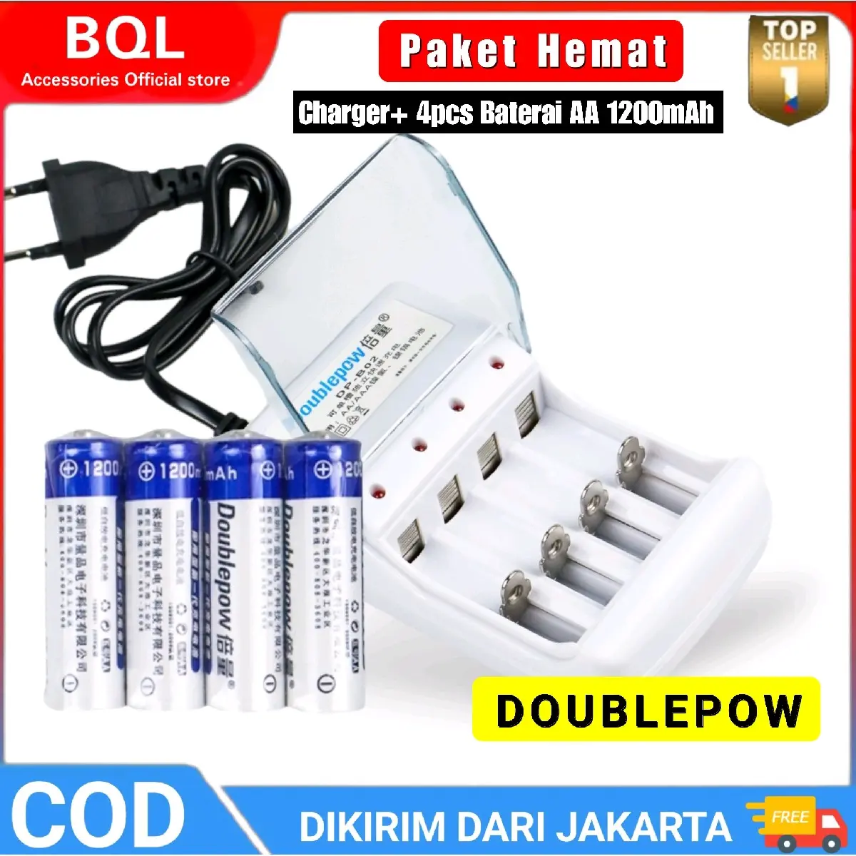 Charger Baterai AA/AAA DOUBLEPOW Batu Batre A2 Slot baterai Bisa Di Cas Charger Baterai 4 slot AA/AAA with 4PCS AA 1200mAh - DP-B02