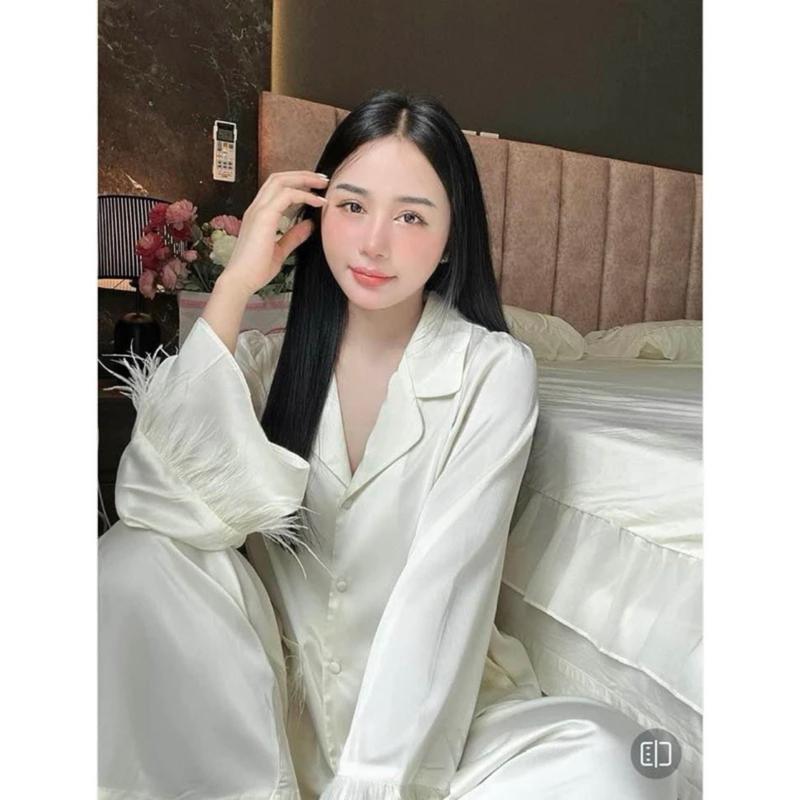 Đồ Bộ Cao Cấp Mặc Nhà Tiểu Thư Lụa Mịn Latin Mềm Mịn  Phối Lông Vũ Pijama Bộ Ngủ Nữ Freesize 40-58kg - HD STORE Áo 4