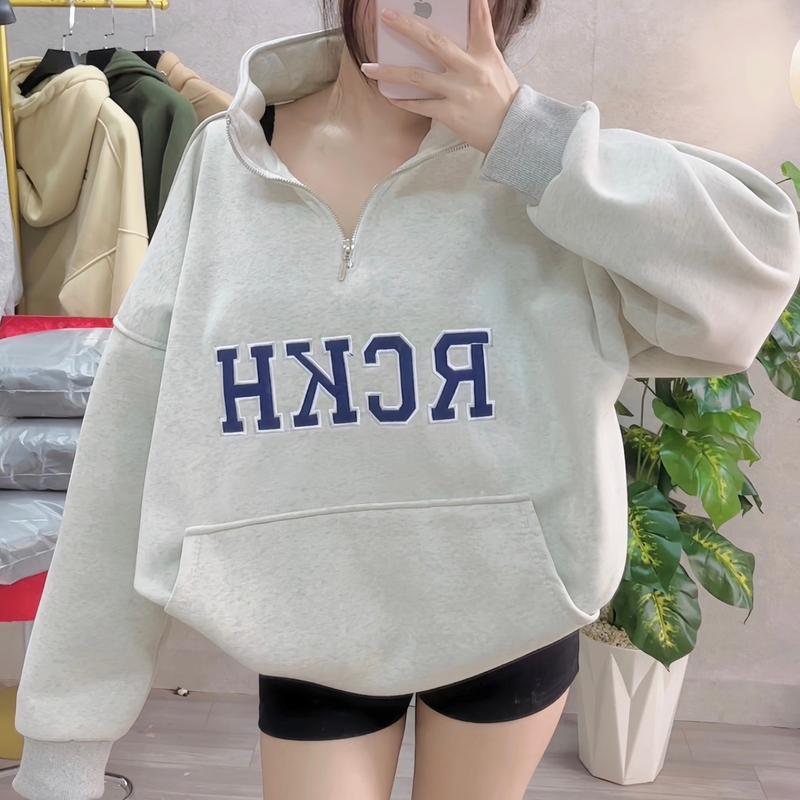 áo hoodie & áo len [FREESHIP] BOMBER NỈ BÔNG FORM BOXY NỮ  CHỮ VẢI ĐẮP THÊU CỔ TRỤ Women Áo Hoodie Top Đen có thể giặt máy áo hoodie vàng
