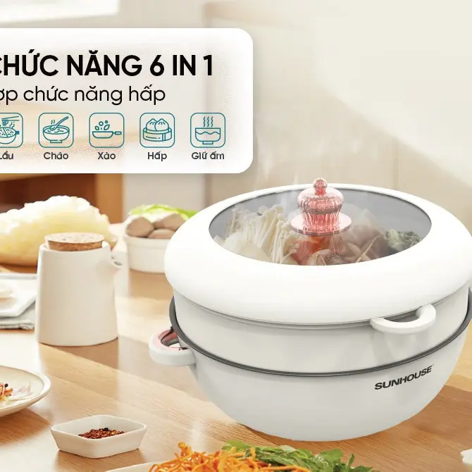 [MẪU MỚI] Chảo điện đa năng dung tích 5L SUNHOUSE SHD4555, 6 chức năng chiên, xào, lẩu, hấp, nấu cháo, giữ ấm 6