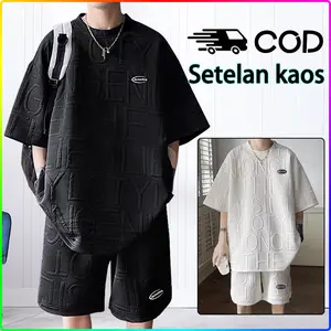 (COD BIG SALE)setelan kaos pria 2024 new fashion baju kaos oversize pria hitam T shirt abu Polos kaos lengan pendek oversize sport Putih outfit korean style pria Short Sleeve Celana pendek cowok 1set Casual Keren Panjang Dewasa Santai setelan starboy pria