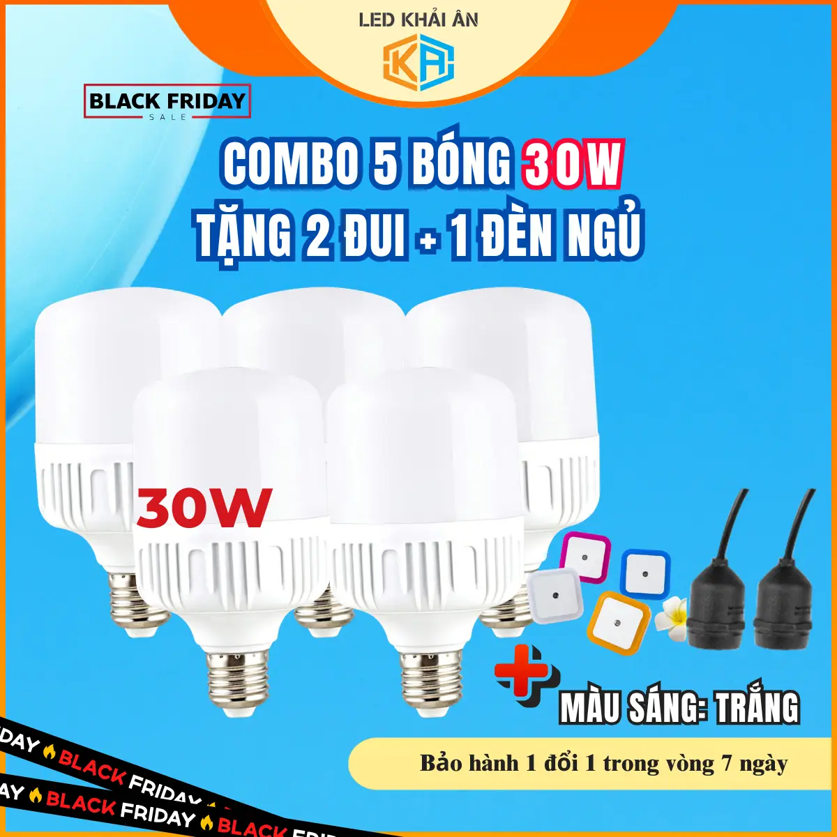 [sale] Combo 5 bóng đèn Led 30W + 2 Đuôi + đèn ngủ thông minh. Đèn led tiết kiệm điện. Bảo hành 12 tháng