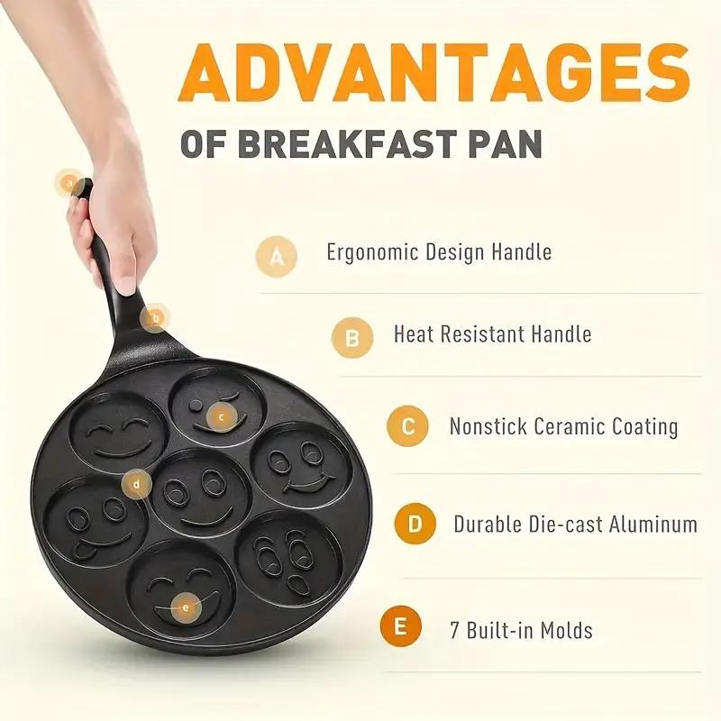 7 Hole Pancake Pan, Non Stick Pancake Pan with Handle, Creative Breakfast Cookware for Home Kitchen, Crepe Maker Pan 6