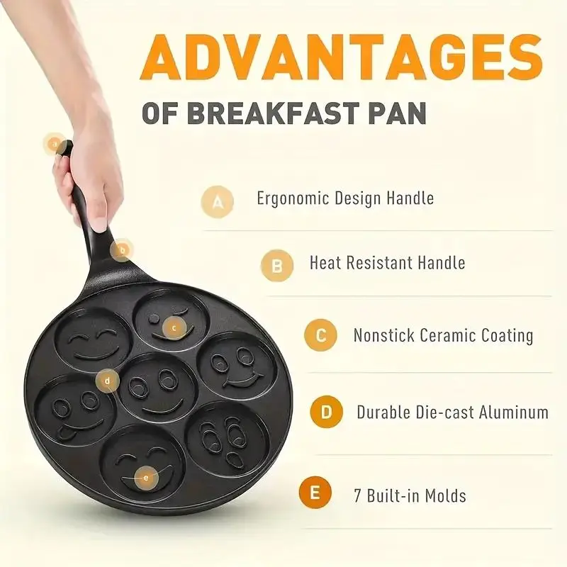 7 Hole Pancake Pan, Non Stick Pancake Pan with Handle, Creative Shaped Breakfast Cookware for Home Kitchen, Crepe Maker Pan 5