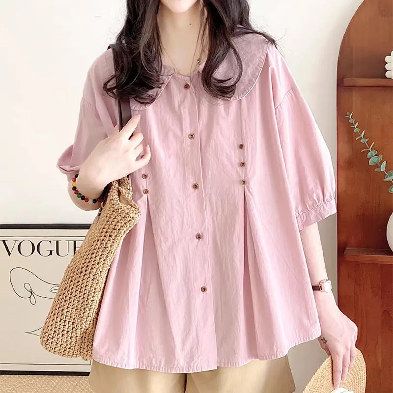 Women's Shirt Summer 2024 New Sweet and Loose Doll Collar Multi-Button Design Solid Color Three-Quarter Length Sleeve Baby Shirt Top