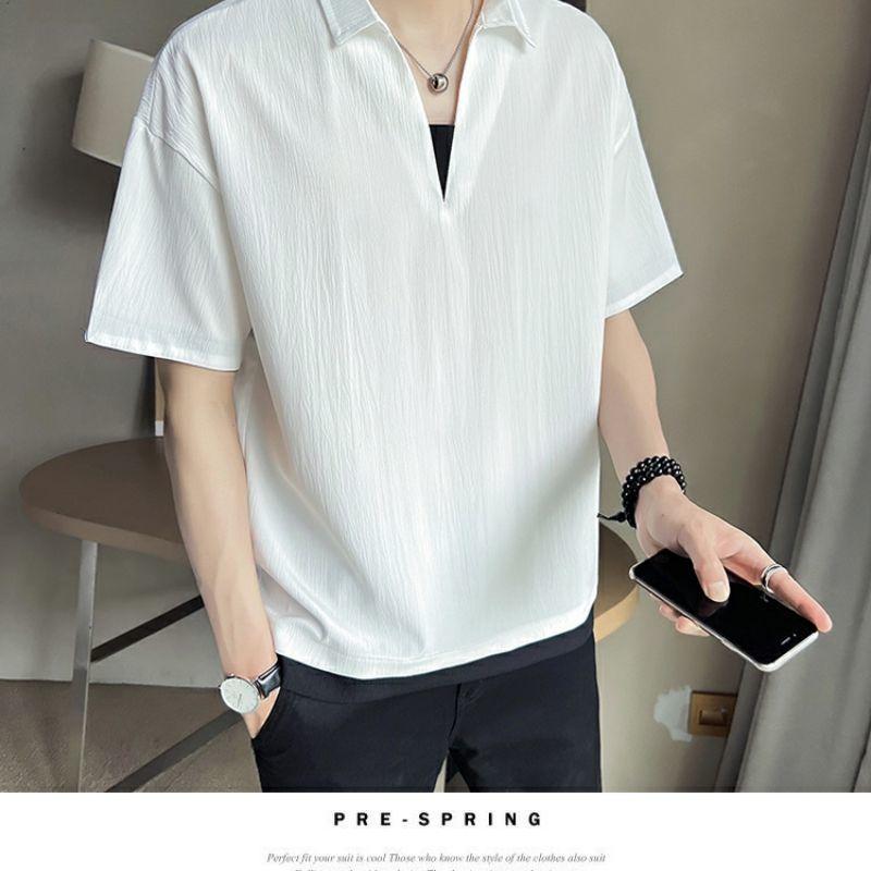 Product Introduction of 2025 Fake Two-Piece V-neck T-shirt Men's Ins Fashion Brand Short Sleeve Polo Shirt Ice Silk Half Sleeve 2023 New Summer Matching Suit 28