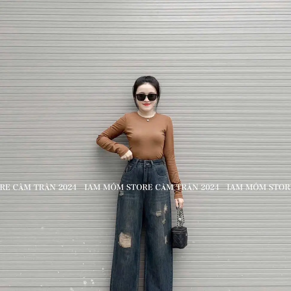 ￼Quần jeans nữ suông mài rách, quần denim lưng cao mẫu mới