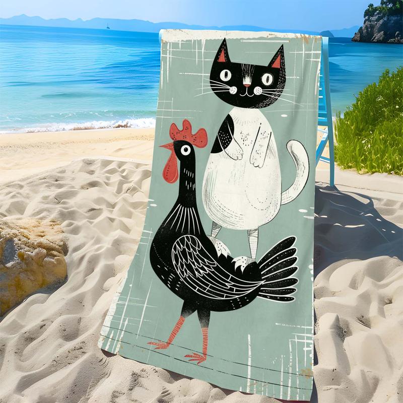 Product Introduction of Cat & Chicken Pattern Beach Towel, Soft Comfortable Lightweight Beach Towel, Water Absorbent Towel for Travel Swimming, Surfing, Camping 0